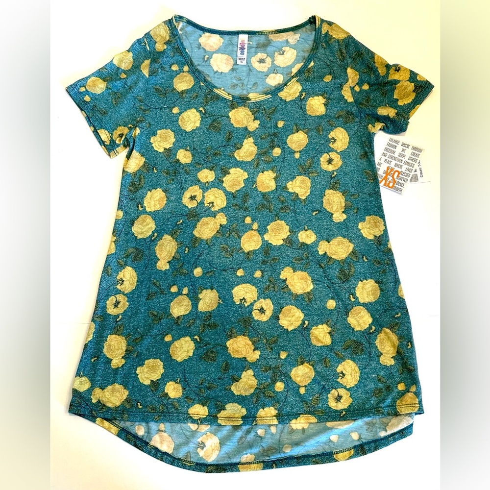LuLaRoe Blue and Yellow Floral Short Sleeve Top XS
